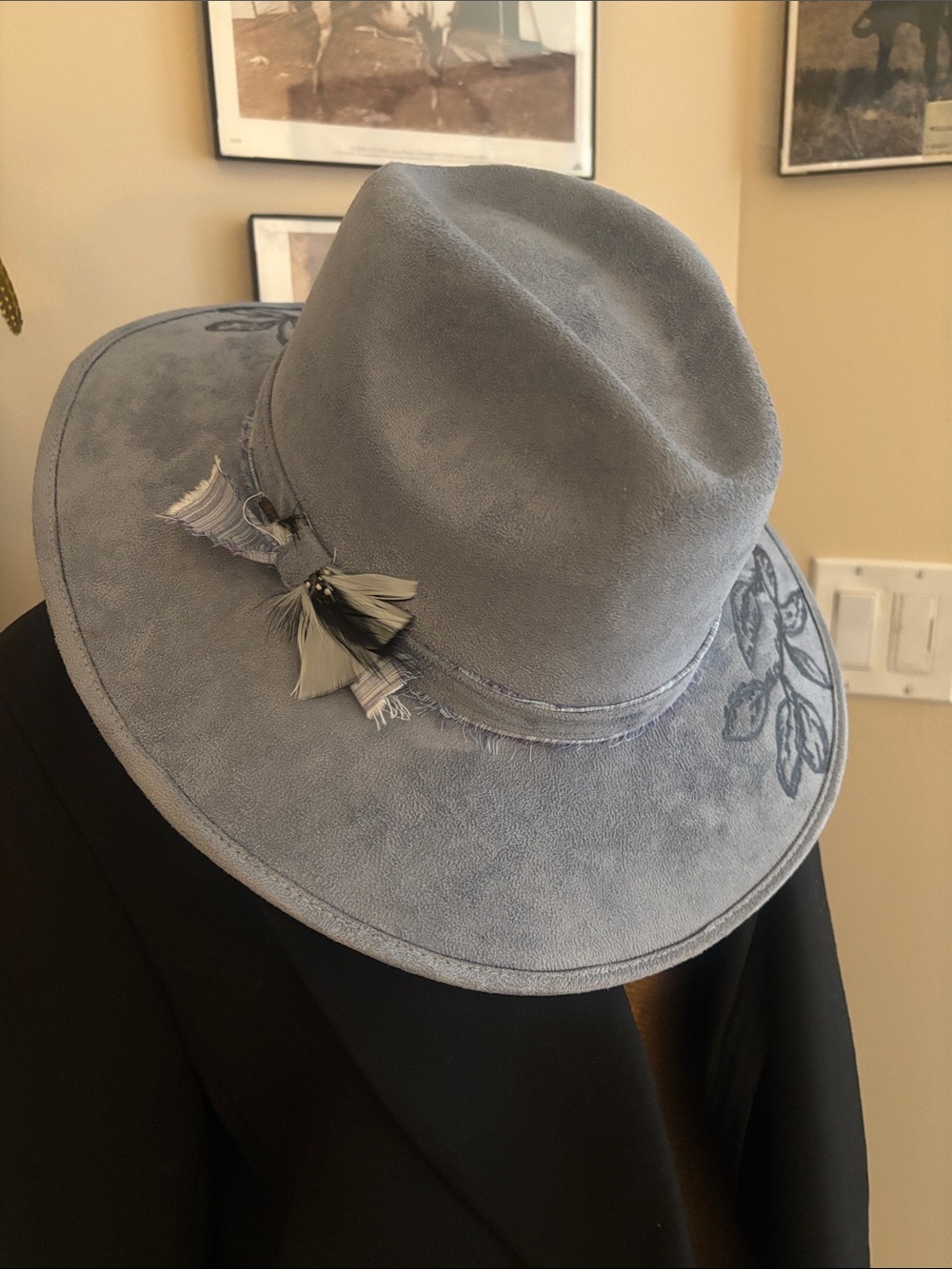 Light blue suede western style chic hat with detailing .